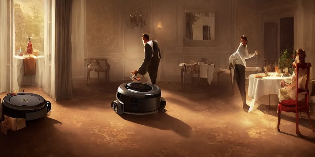 Prompt: A humble roomba butler attempts to serve food to guests at a fancy houseparty, cozy wallpaper, 4k, trending on Artstation, award-winning, art by Greg Rutkowski