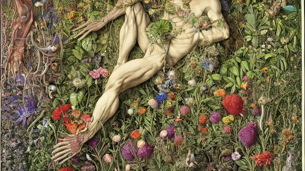 Prompt: highly detailed illustration of a single human anatomy body surrounded by all the known species of plants and flowers by juan gatti!, by moebius!, by leonardo da vinci!, by oliver vernon!