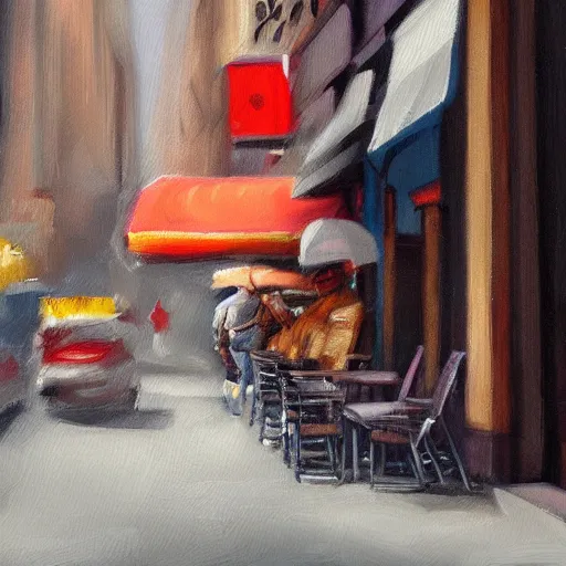 Image similar to slice of pizza on a street in new york city, oil painting, very detailed, trending on artistation, desaturated, 4 k