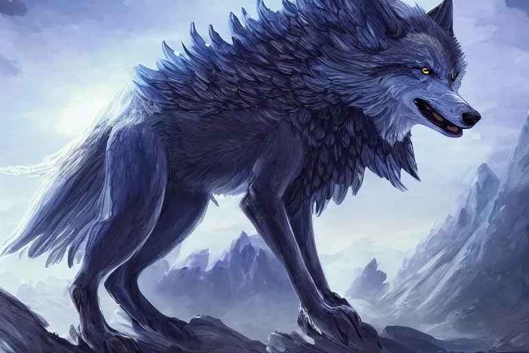 Prompt: Blue feathered wolf with wings on a beautiful fantasy landscape, hills, mountains, moonlit, HD, illustration, epic, D&D, fantasy, intricate, elegant, highly detailed, digital painting, artstation, concept art, smooth, sharp focus, illustration, art by XIAODI JIN