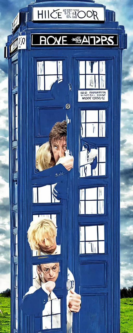 Image similar to a poster for a movie called humanity savers, showing harry potter and dr. who in front of tardis blue phone booth, vivid colors, high resolution, 8 x