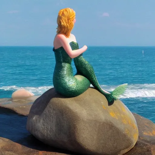 Prompt: a mermaid on a rock by the sea, watching the sun