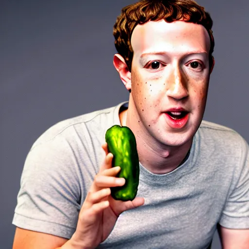 Image similar to mark zuckerberg eating a pickle, 4 k photograph, cinematic, ideal, no artifacts,