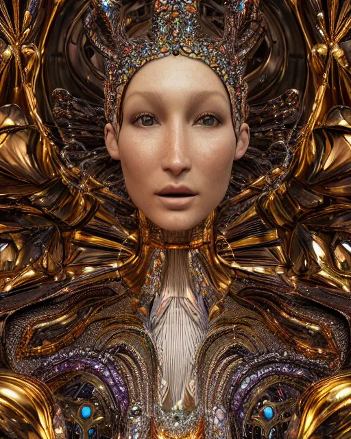 Prompt: a highly detailed metahuman 4 k close up render of an alien goddess bella hadid monument jibaro renaissance in iris van herpen dress schiaparelli in diamonds crystals swarovski and jewelry iridescent in style of alphonse mucha gustav klimt trending on artstation made in unreal engine 4