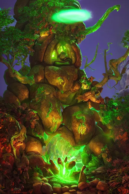 Image similar to arcane fantasy art giant golem elemental wood rock bastion forged gemstone enchanted forest troll, global illumination ray tracing hdr fanart arstation by sung choi and eric pfeiffer and gabriel garza and casper konefal lisa frank zbrush central hardmesh radiating a glowing aura