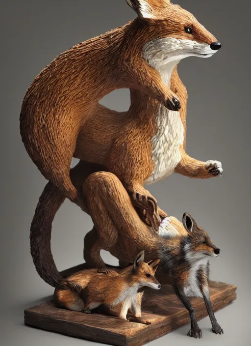 Prompt: sculpture of rat mating with a fox made of wood, portrait, female, future, wood, tree, harper's bazaar, vogue, magazine, insanely detailed and intricate, concept art, close up, ornate, luxury, elite, elegant, trending on artstation, by ruan jia, by Kenneth Willardt, by ross tran, by WLOP, by Andrei Riabovitchev,
