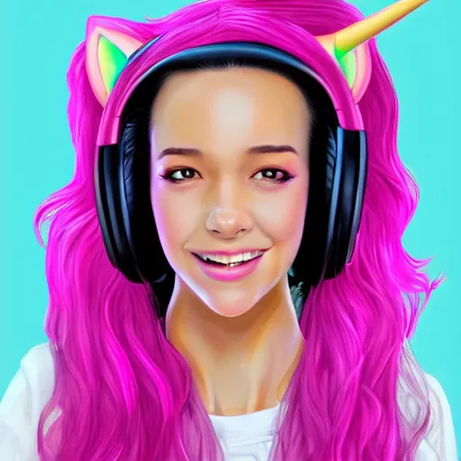 Prompt: very very very beautiful pink gamer girl wearing headphones with a unicorn horn coming out of her head standing in a pink girls room, full body portrait, eye contact, smiling, perfect face, perfect body, extreme long shot, drawn by artgerm