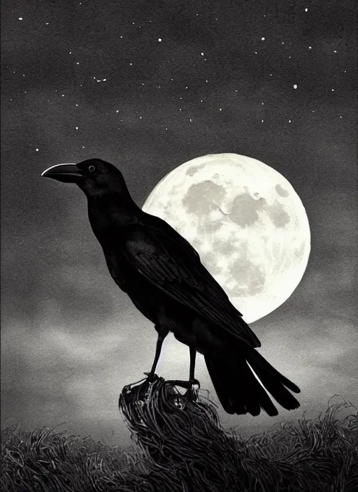 Prompt: portrait, A crow in front of the full big moon, book cover, red white and black colors, establishing shot, extremly high detail, foto realistic, cinematic lighting, pen and ink, intricate line drawings, by Yoshitaka Amano, Ruan Jia, Kentaro Miura, Artgerm, post processed, concept art, artstation, matte painting, style by eddie mendoza, raphael lacoste, alex ross