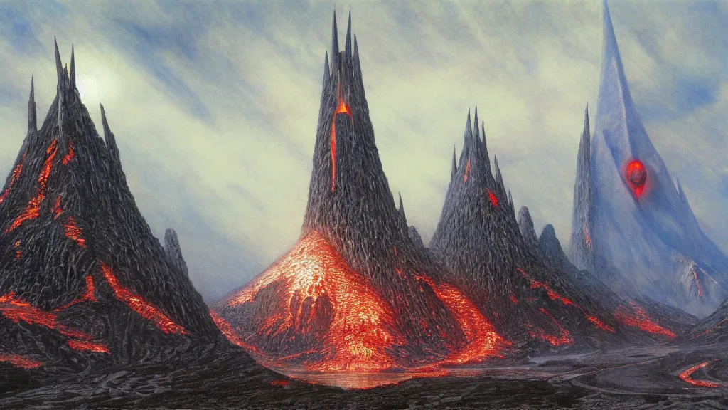 Image similar to mordor, flaming eye of sauron above the tower of barad - dur, by alan lee, intricate, lord of the rings calendar, smooth, detailed terrain, oil painting, trending artstation, concept art, fantasy matte painting