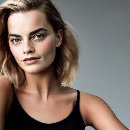 Image similar to a woman who is a genetic combination of margot robbie and emma watson face and upper - body focus