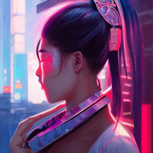 Image similar to portrait futuristic Samurai Girl, in future cyberpunk tokyo rooftop , ssci-fi, fantasy, intricate, very very beautiful, elegant, human anatomy, neon light, highly detailed, digital painting, artstation, concept art, smooth, sharp focus, illustration, art by tian zi and WLOP and alphonse mucha