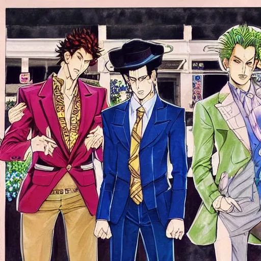 Image similar to a beautiful painting of four well dressed men posing for a picture on a city street by hirohiko araki, detailed line art, jojos bizarre adventure