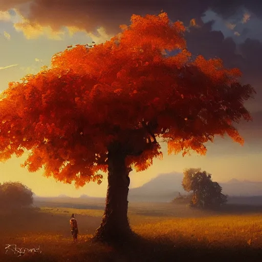 Prompt: a beautiful painting by banska stiavnica nature in sunset, translucent fruit tree, peach, by greg rutkowski and james gurney, artstation