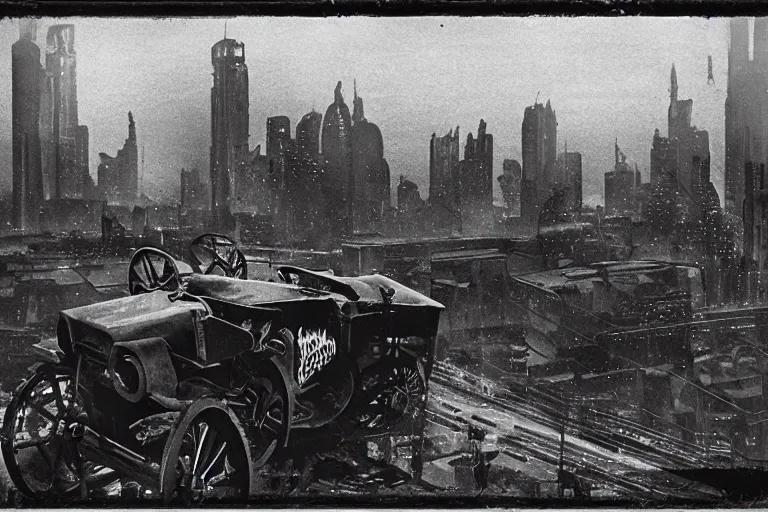 Image similar to cyberpunk new 1 9 0 8 model ford t by paul lehr, metropolis, view over city, vintage film photo, scratched photo, scanned in, old photobook, silent movie, black and white photo