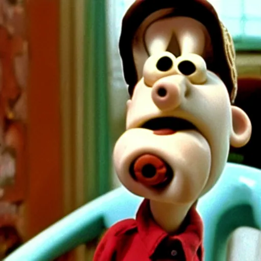 Image similar to Wallace smoking crack in a still from the short movie A Grand Day Out (1989), Wallace and Gromit, Aardman Animations, claymation, 4k, high quality