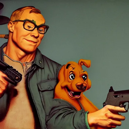 Prompt: Scooby Doo holding a gun, by norman rockwell, no text, trending on artstation, highly detailed, 8k, beautiful, dynamic lighting, realistic fur