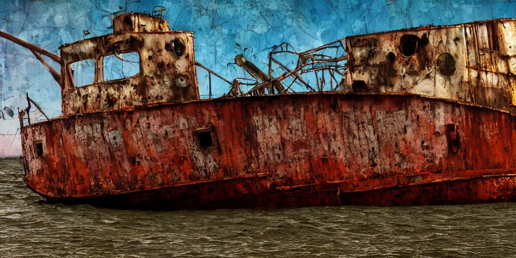 Prompt: a singular rusted abandoned cargo ship, overgrown, sparse foliage, rusted, adrift at sea, by Scott Listfield and Simon Stalenhag, , golden hour, oversaturated blues, velvia film