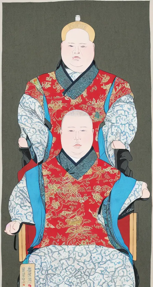 Image similar to Bobby Hill sits on his throne as emperor of Hill Dynasty China, ink and color on silk, imperial portrait