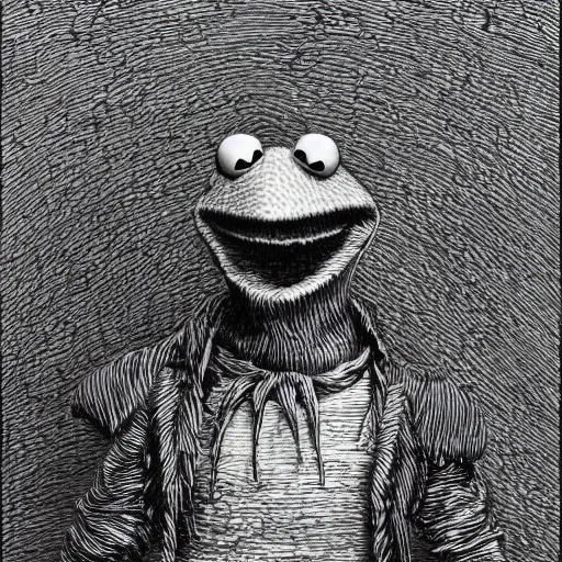 Image similar to Kermit the Frog as an actual human being by Gustave Dore, Sesame Street, intricate, very very detailed