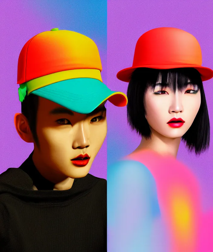 Prompt: full portrait of a post modern fashion model with an exuberant neo bio hat, colorful, beautiful asian face, octane render, vray, detailed, halftoned, editorial illustration, matte print, grainy light, ( ( dither ) ), risograph, high contrast, screen print, grainy texture