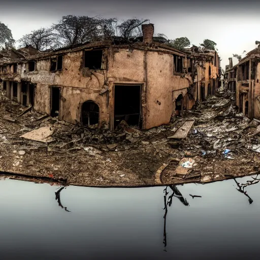 Prompt: abandoned war torn village, smoke is flowing, intricate orch wartiors on the deserted streets, the glimmering orange dawn, wet puddles on street, masterpiece 4k, intricate details, realistic, panoramic view, Hyperdetailed, 8k resolution, photorealistic