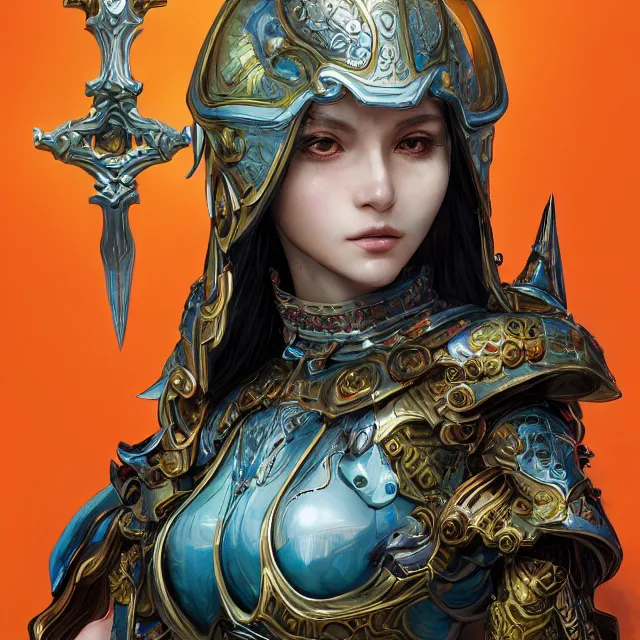 Image similar to studio portrait of lawful good colorful female holy mech paladin as absurdly beautiful, elegant, young sensual pretty woman, ultrafine hyperrealistic detailed face illustration by kim jung gi, irakli nadar, intricate linework, sharp focus, bright colors, matte, octopath traveler, final fantasy, unreal engine highly rendered, global illumination, radiant light, intricate environment