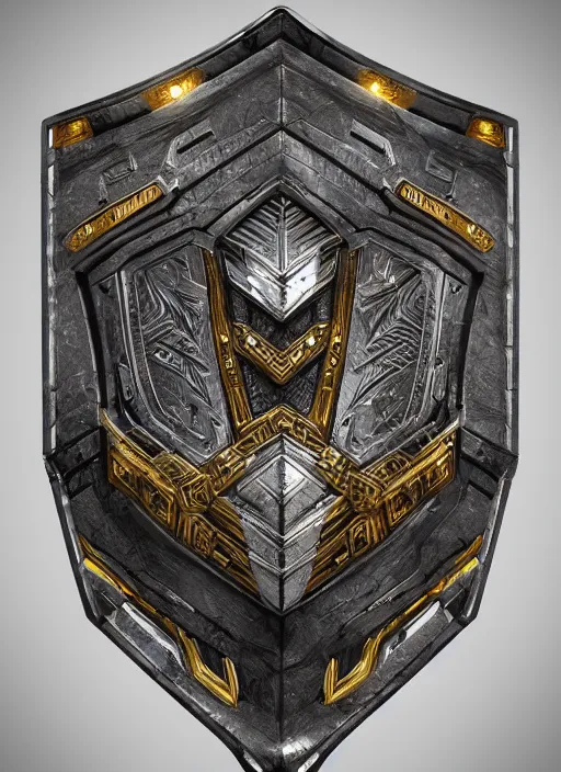 Image similar to hyper realistic glorious ancient shield in a obsidian metal armor, futuristic design, designed by makoto kobayashi and luca zampriolo, cyberpunk style, wood and gold details, intricate, extremely detailed, ornate, deep of field, hard surface, exoskeleton, substance designer metal unreal engine. amazing likeness. very detailed.