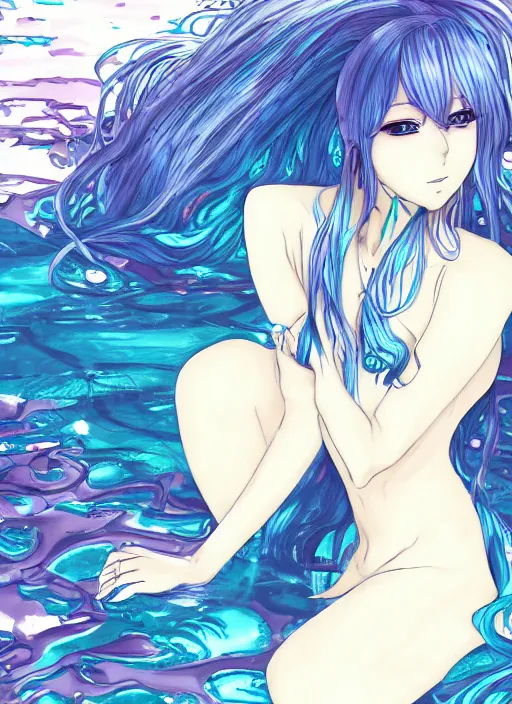 Image similar to a woman with blue hair sitting in the water, an anime drawing by yuumei, featured on pixiv, rayonism, pixiv, seapunk, anime