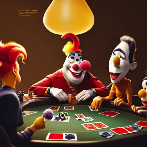 Image similar to pixar clowns playing poker, smiling maniacally | glamorous oily soft polished rich ornate modern | weta disney pixar movie still photo | hi - fructose, sci fi fantasy, smooth, octane render, sharp focus, artstation, concept art | artgerm, mucha, rutkowski, feng zhu, wlop, loish