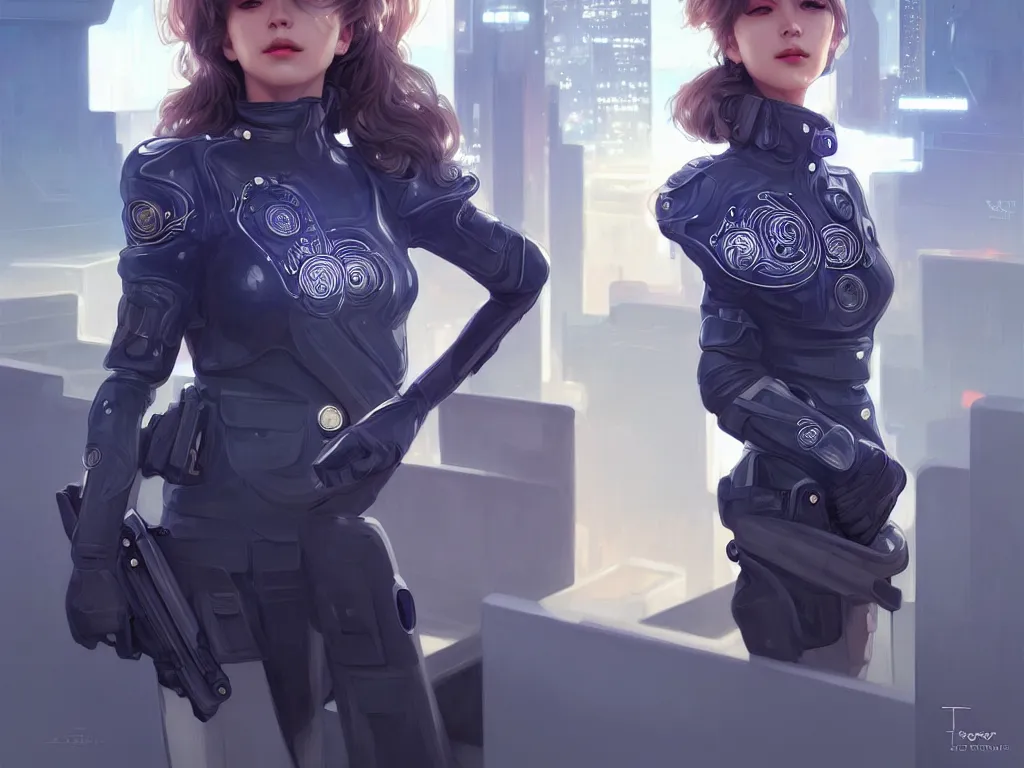 Image similar to portrait futuristic france police uniform female, at future neon light rooftop, ssci - fi and fantasy, intricate and very very beautiful and elegant, highly detailed, digital painting, artstation, concept art, smooth and sharp focus, illustration, art by tan zi and ayanamikodon and alphonse mucha and wlop
