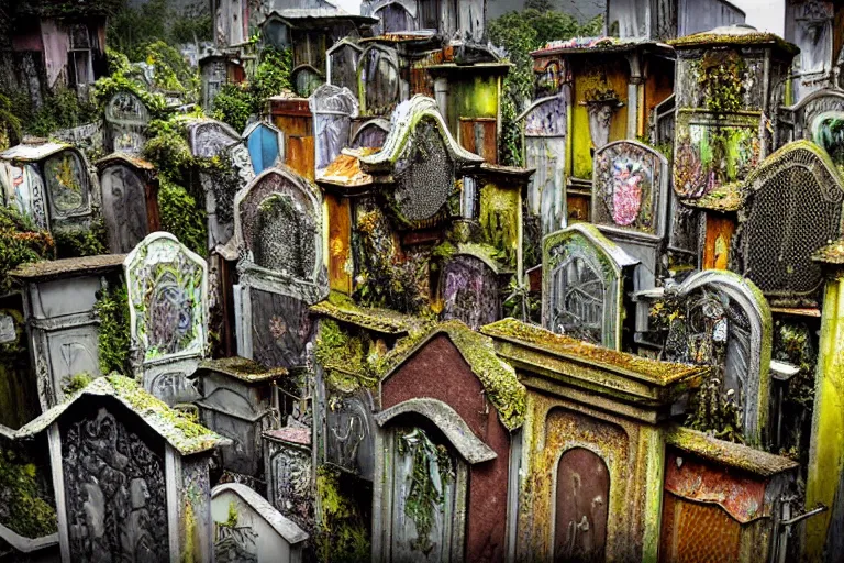 Prompt: elegance futuristic lichen covered favela graveyard honeybee hive, art nouveau environment, industrial factory, award winning art, epic dreamlike fantasy landscape, ultra realistic,