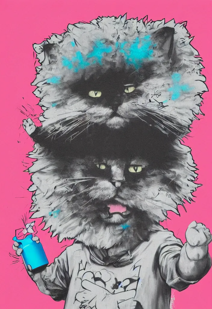 Image similar to fluffy cat with an afro comb t - shirt design, by jules julien, alex yanes, dark grisaille monochrome neon spraypaint, ironic surrealism, hypebeast