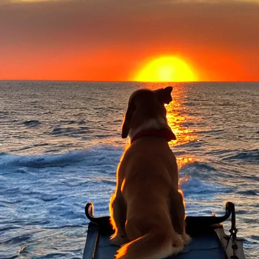 Prompt: a dog dressed like a pirate on a ship at sea at sunset