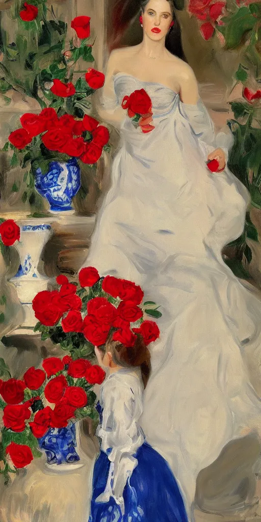 Prompt: portrait of rebekah delrio in lynch pattern dress beside of a big persian detailed pot of red roses, blue and red lights, mulholland drive, painted by john singer sargent and kim jungi - w 5 7 6