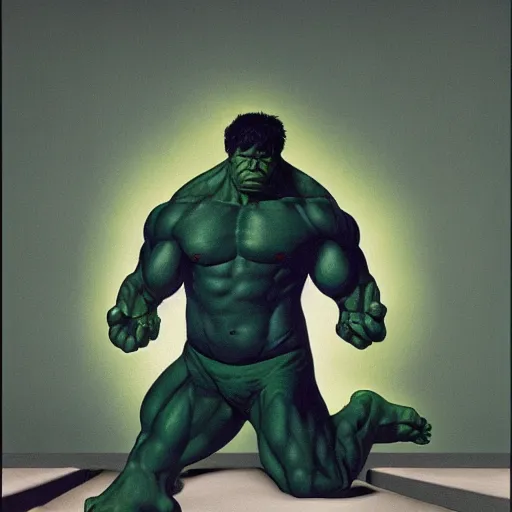 Image similar to the incredible-hulk is feeling weak by Raphael, Hopper, and Rene Magritte. detailed, romantic, enchanting, trending on artstation.