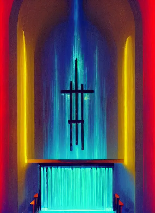 Image similar to waterfall in a church interior with neon lights painted by Edward Hopper and James Gilleard