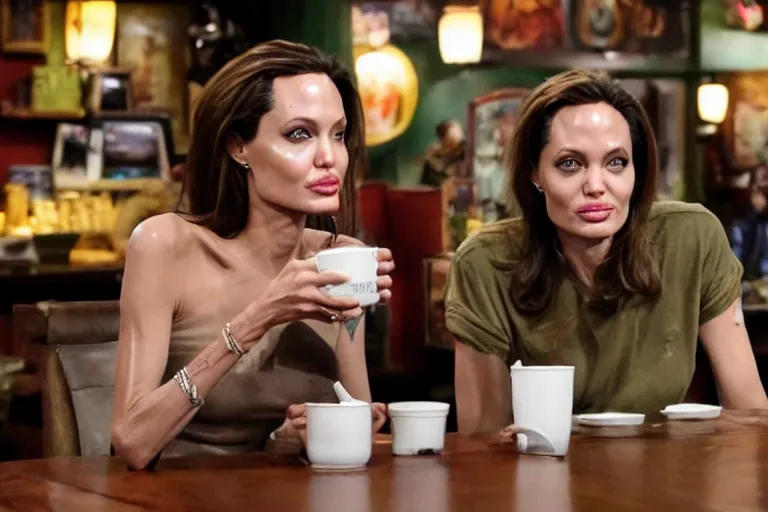 Image similar to Angelina Jolie and The Predator alien, best friends, drinking coffee at central perk, still photo, hyperrealistic, 35mm, 8k, by weta digital