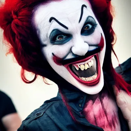 Image similar to A high quality photograph of a smiling goth-clown hybrid with red hair, trending on artstation, cute