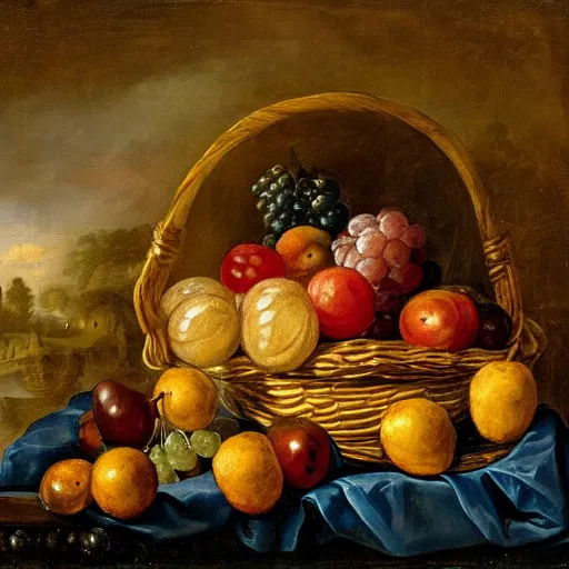 Prompt: a painting of a basket of fruit on a table, a still life by jan davidsz. de heem, deviantart, rococo, dutch golden age, rococo, oil on canvas