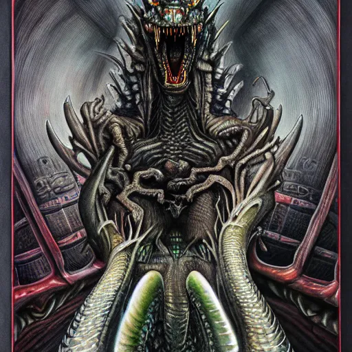 Prompt: Giger portrait of queen dragon, Dragon in dragon lair, HD, full body dragon concept, flying dragon, soft shading, hyperdetailed, wide angle lens, fantasy, futuristic horror, style of giger