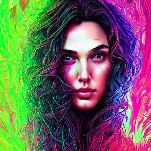 Image similar to portrait of gal gadot, hyper detailed masterpiece, neon floral pattern, jean giraud, digital art painting, darkwave goth aesthetic, psychedelic, artgerm, donato giancola and tom bagshaw