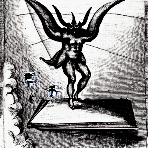 Image similar to a devilish spirits emerging from a book ontop of a computer, renaissance era sketch, satanic, ritual