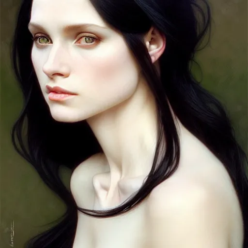 Prompt: portrait of a beautiful, pale skin, female with long black hair, dark, piercing eyes, gentle expression, elegant clothing, photorealistic, highly detailed, artstation, smooth, sharp focus, art by michael whelan, artgerm, greg rutkowski and alphonse mucha