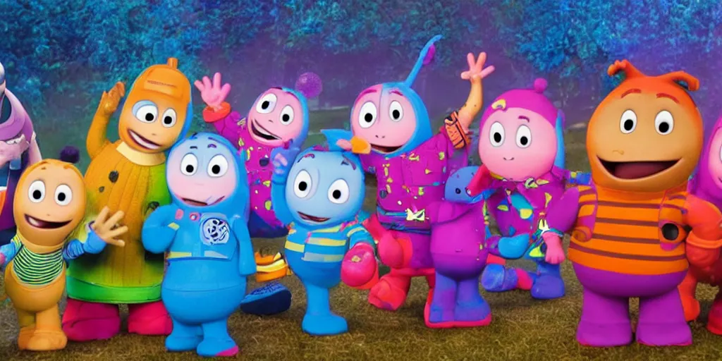 Prompt: the backyardigans dancing in rave party