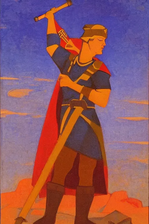 Image similar to thor holding the hammer, marvel, artwork by nicholas roerich,