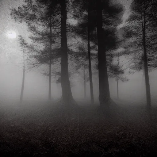 Image similar to a dark misty forest under the moonlight, an undescribable horror lurks below the misty layer, photorealistic, cinematic, hdr, pinhole camera