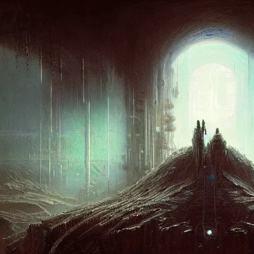 Image similar to lost and alone in a vast future sci - fi cyberpunk megastructure by gustave dore and gustave moreau and beksinski and giger and craig mullins and jeremy mann