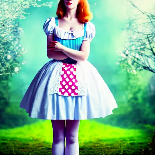 Prompt: beautiful full body portrait of cute alice in wonderland, middle aged, atmospheric, 4 k, strap shoes, white rabbit in background