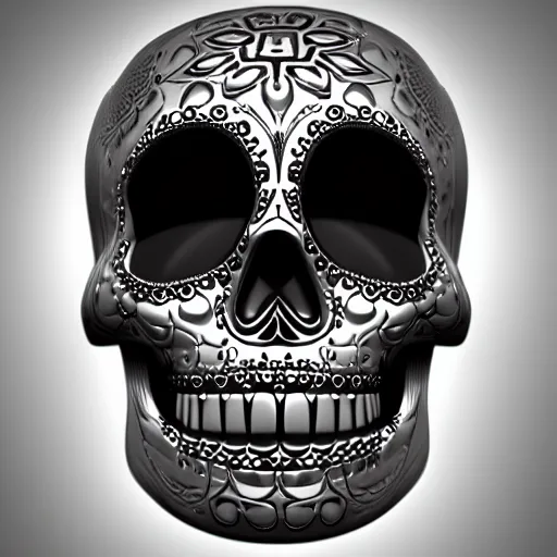 Prompt: “sugar skull In chrome, 3D, maya, studio lighting”