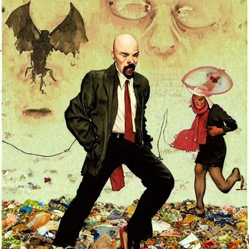 Prompt: ghost of anton lavey at a garbage landfill, painted by norman rockwell